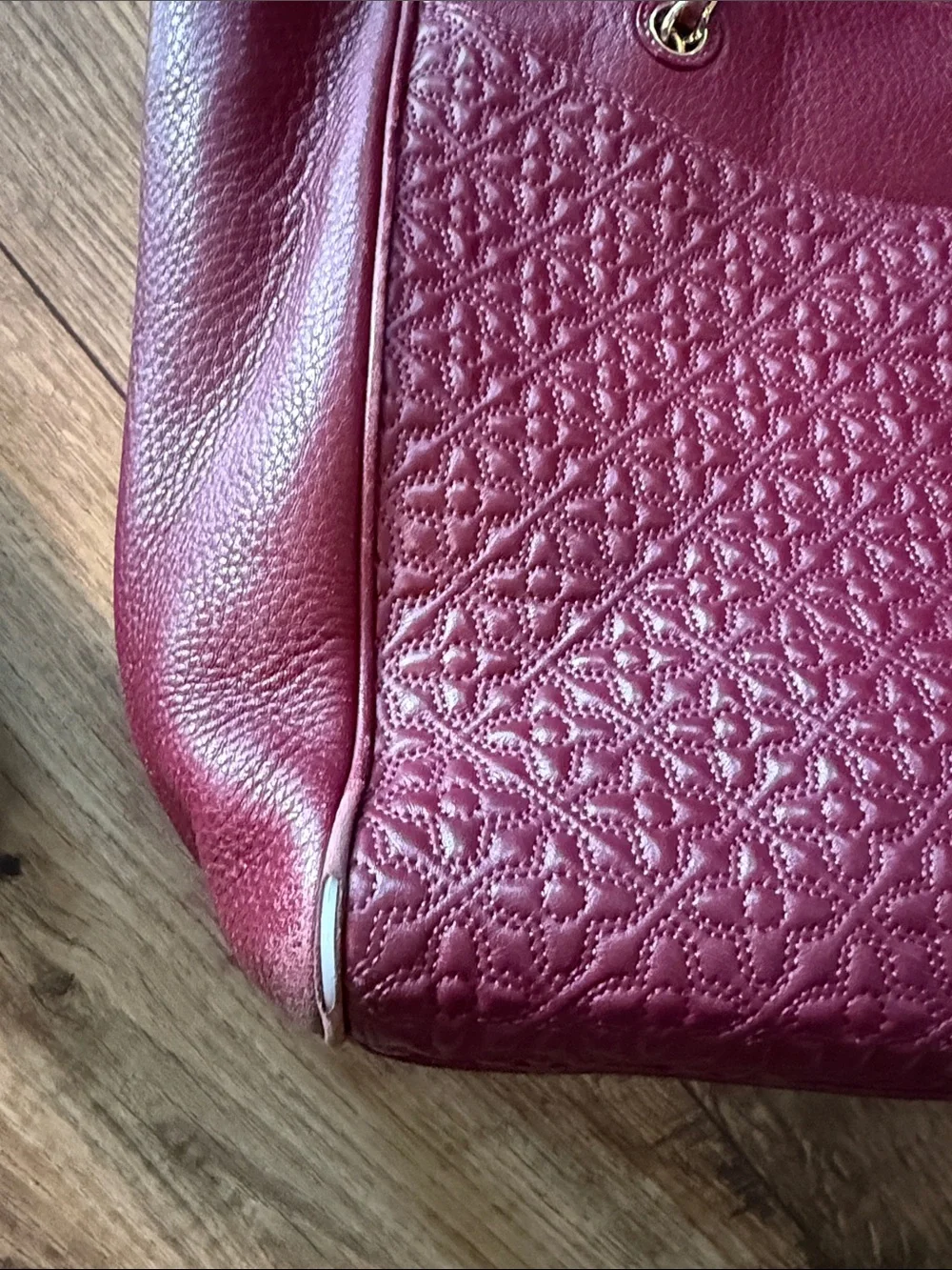 Tory Burch Quilted Leather Tote in Burgundy with Gold Chain Straps